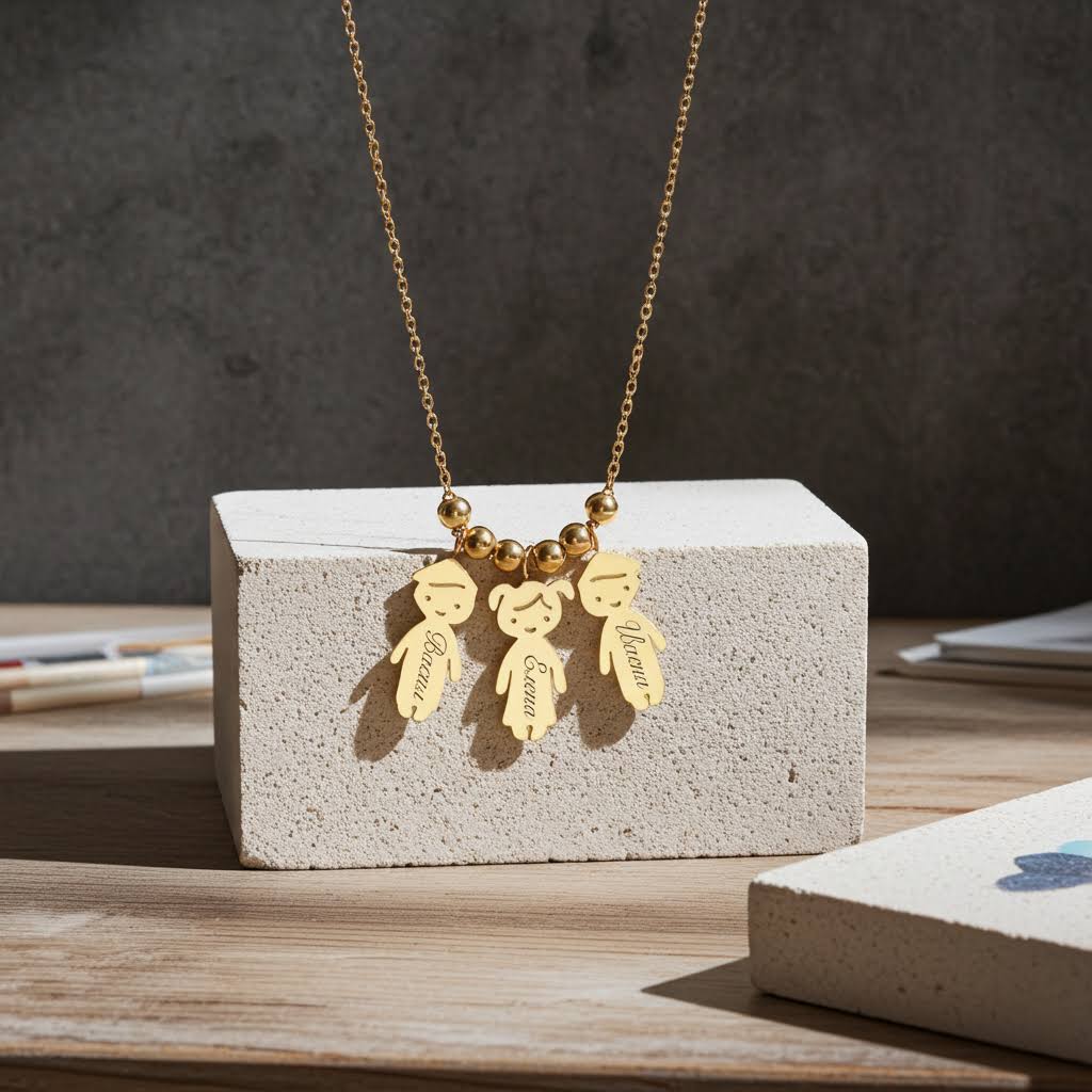 гравирано колие с три деца с имена подарък