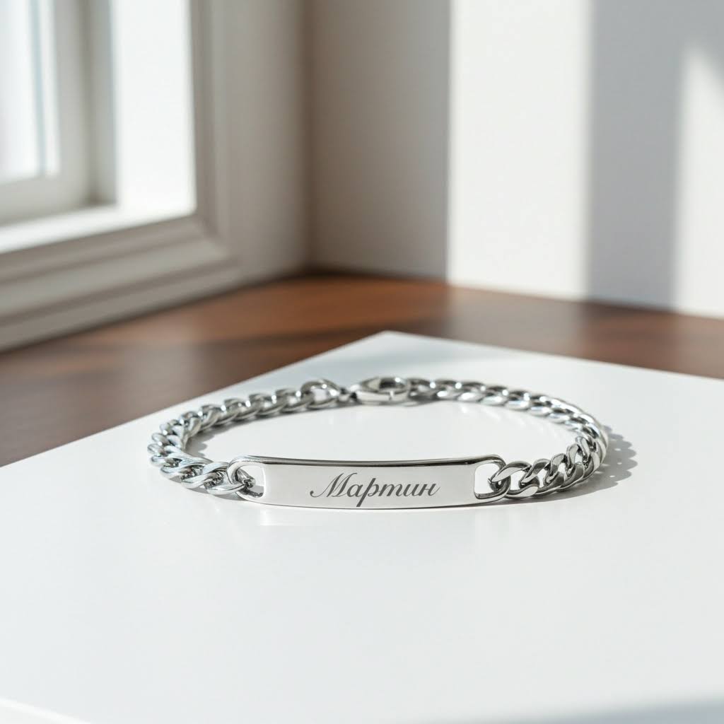 сребриста гравирана мъжка гривна с име подарък