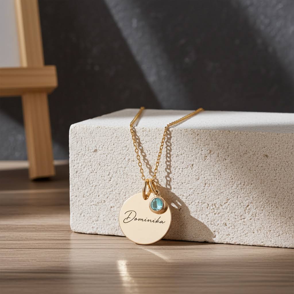 гравирано колие с име и синьо камъче подарък