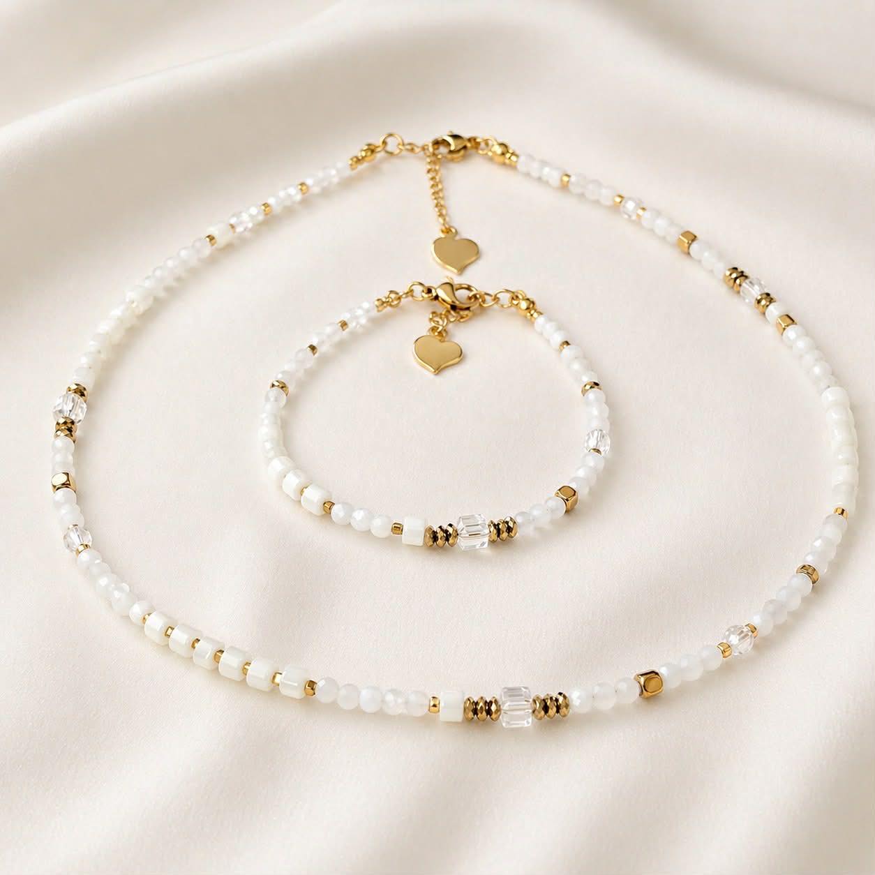 Сет гривна и колие с планински кристал, седеф и хематит