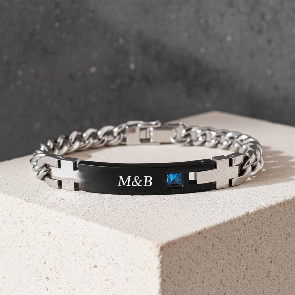 гравирана мъжка гривна със син камък подарък