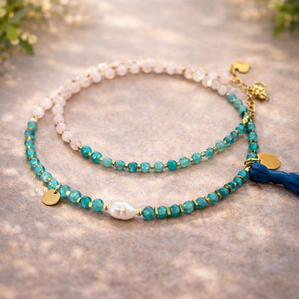 колие с жадеит, розов кварц, хематит и естествени перли подарък