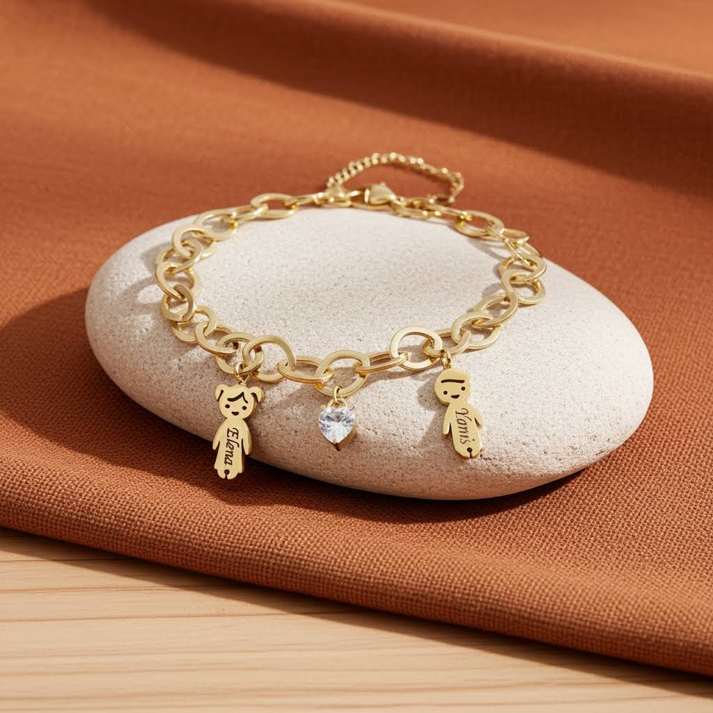 Гравирана гривна с деца и сърце от цирконий