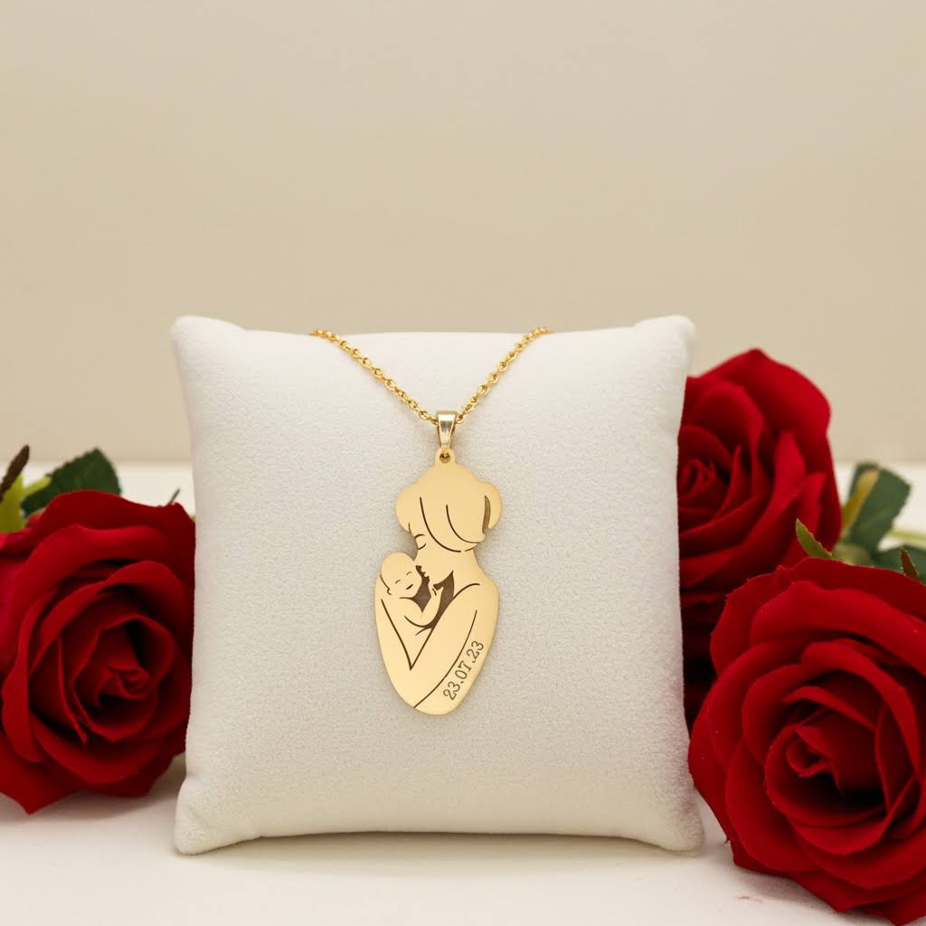 гравирано колие майка с бебе и дата подарък