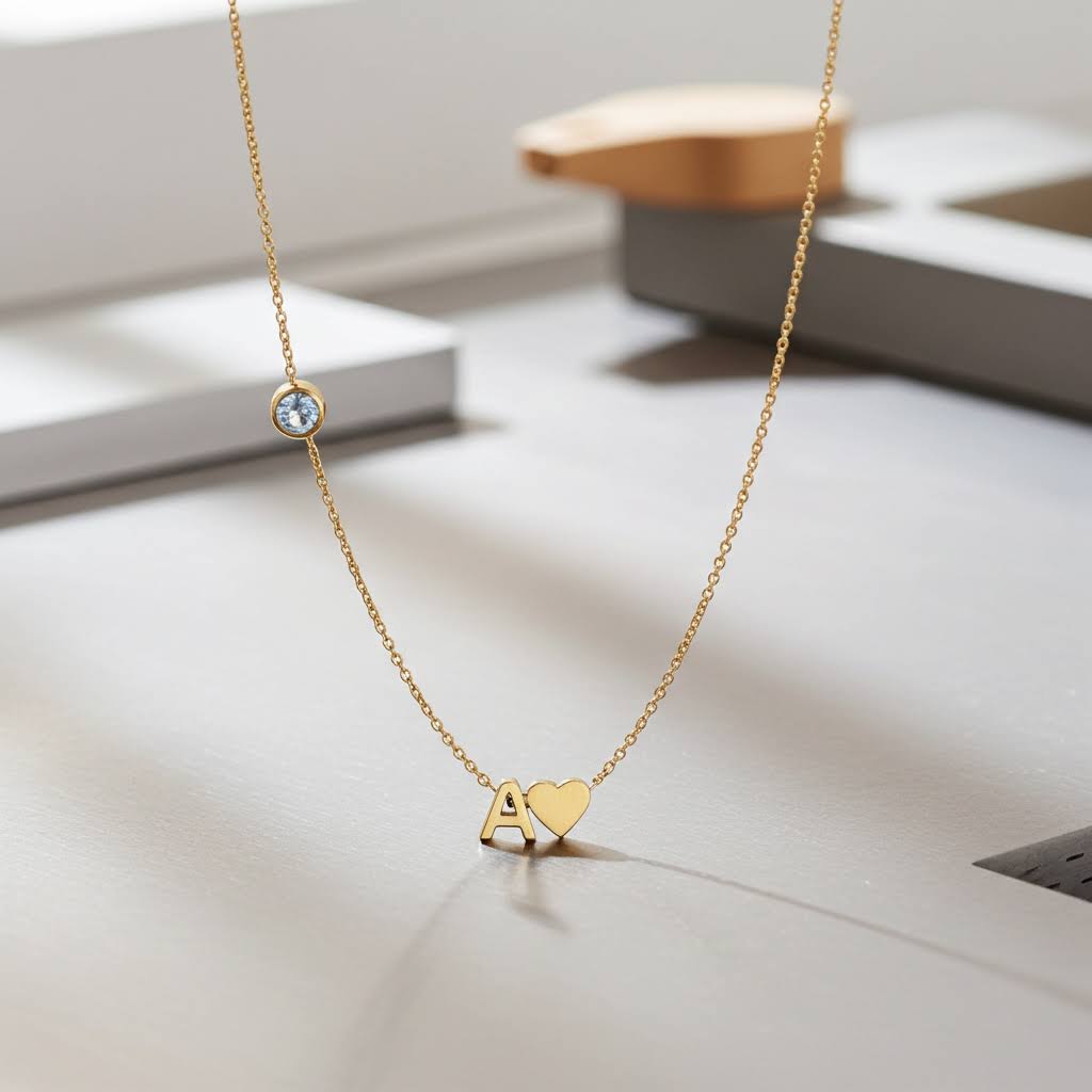Колие с буква, сърце и цирконий
