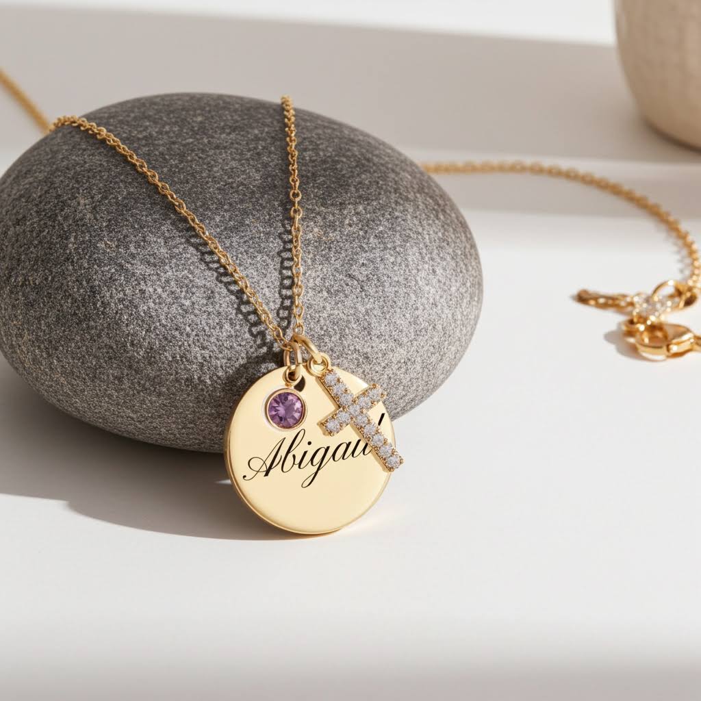 Колие с име, кръст и цирконий